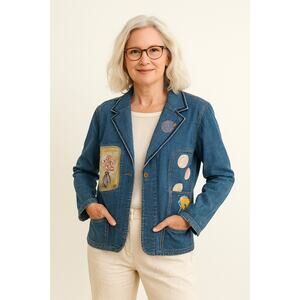 Denim Jean Jacket Blazer Size 10 Blue Wash Patchwork Vintage Art to Wear Teacher